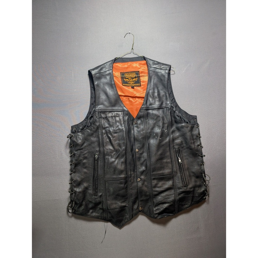 Milwaukee Leather Motorcycle Vest Men 2XL Black Adjustable Side Laces Snap Front